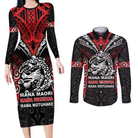 Aotearoa Mana Maori Couples Matching Long Sleeve Bodycon Dress and Long Sleeve Button Shirt Toitu Te Tiriti LT05 Black - Polynesian Pride