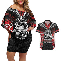 Aotearoa Mana Maori Couples Matching Off Shoulder Short Dress and Hawaiian Shirt Toitu Te Tiriti LT05 Black - Polynesian Pride