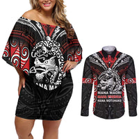 Aotearoa Mana Maori Couples Matching Off Shoulder Short Dress and Long Sleeve Button Shirt Toitu Te Tiriti LT05 Black - Polynesian Pride
