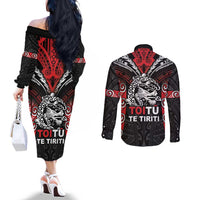 Aotearoa Mana Maori Couples Matching Off The Shoulder Long Sleeve Dress and Long Sleeve Button Shirt Toitu Te Tiriti LT05 - Polynesian Pride
