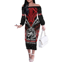 Aotearoa Mana Maori Family Matching Off The Shoulder Long Sleeve Dress and Hawaiian Shirt Toitu Te Tiriti LT05 Mom's Dress Black - Polynesian Pride