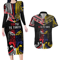 Tokelau And Aotearoa Couples Matching Long Sleeve Bodycon Dress and Hawaiian Shirt Together For Te Tiriti O Waitangi LT05 Black - Polynesian Pride