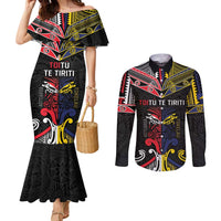 Tokelau And Aotearoa Couples Matching Mermaid Dress and Long Sleeve Button Shirt Together For Te Tiriti O Waitangi LT05 Black - Polynesian Pride