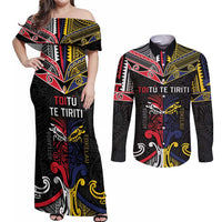 Tokelau And Aotearoa Couples Matching Off Shoulder Maxi Dress and Long Sleeve Button Shirt Together For Te Tiriti O Waitangi LT05 Black - Polynesian Pride