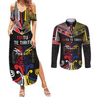 Tokelau And Aotearoa Couples Matching Summer Maxi Dress and Long Sleeve Button Shirt Together For Te Tiriti O Waitangi LT05 Black - Polynesian Pride