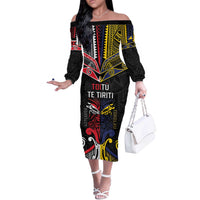 Tokelau And Aotearoa Off The Shoulder Long Sleeve Dress Together For Te Tiriti O Waitangi LT05 Women Black - Polynesian Pride