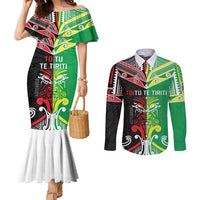 Cook Islands And Aotearoa Couples Matching Mermaid Dress and Long Sleeve Button Shirt Together For Te Tiriti O Waitangi LT05 Black - Polynesian Pride
