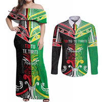 Cook Islands And Aotearoa Couples Matching Off Shoulder Maxi Dress and Long Sleeve Button Shirt Together For Te Tiriti O Waitangi LT05 Black - Polynesian Pride