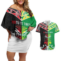Cook Islands And Aotearoa Couples Matching Off Shoulder Short Dress and Hawaiian Shirt Together For Te Tiriti O Waitangi LT05 Black - Polynesian Pride