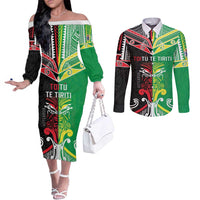 Cook Islands And Aotearoa Couples Matching Off The Shoulder Long Sleeve Dress and Long Sleeve Button Shirt Together For Te Tiriti O Waitangi LT05 Black - Polynesian Pride