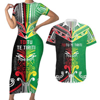 Cook Islands And Aotearoa Couples Matching Short Sleeve Bodycon Dress and Hawaiian Shirt Together For Te Tiriti O Waitangi LT05 Black - Polynesian Pride