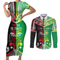 Cook Islands And Aotearoa Couples Matching Short Sleeve Bodycon Dress and Long Sleeve Button Shirt Together For Te Tiriti O Waitangi LT05 Black - Polynesian Pride