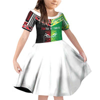 Cook Islands And Aotearoa Family Matching Off Shoulder Short Dress and Hawaiian Shirt Together For Te Tiriti O Waitangi LT05 Daughter's Dress Black - Polynesian Pride
