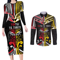 Niue And Aotearoa Couples Matching Long Sleeve Bodycon Dress and Long Sleeve Button Shirt Together For Te Tiriti O Waitangi LT05 Black - Polynesian Pride