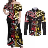 Niue And Aotearoa Couples Matching Off Shoulder Maxi Dress and Long Sleeve Button Shirt Together For Te Tiriti O Waitangi LT05 Black - Polynesian Pride