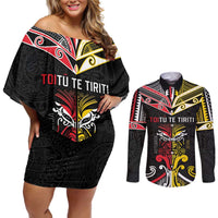Niue And Aotearoa Couples Matching Off Shoulder Short Dress and Long Sleeve Button Shirt Together For Te Tiriti O Waitangi LT05 Black - Polynesian Pride
