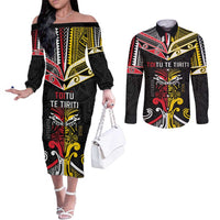 Niue And Aotearoa Couples Matching Off The Shoulder Long Sleeve Dress and Long Sleeve Button Shirt Together For Te Tiriti O Waitangi LT05 Black - Polynesian Pride