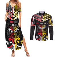Niue And Aotearoa Couples Matching Summer Maxi Dress and Long Sleeve Button Shirt Together For Te Tiriti O Waitangi LT05 Black - Polynesian Pride