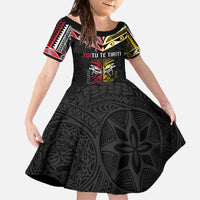 Niue And Aotearoa Family Matching Off The Shoulder Long Sleeve Dress and Hawaiian Shirt Together For Te Tiriti O Waitangi LT05 Daughter's Dress Black - Polynesian Pride