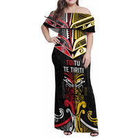 Niue And Aotearoa Family Matching Off Shoulder Maxi Dress and Hawaiian Shirt Together For Te Tiriti O Waitangi LT05 Mom's Dress Black - Polynesian Pride