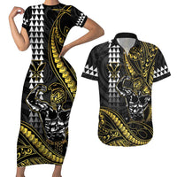 Hawaii Ikaika Warrior Helmet Couples Matching Short Sleeve Bodycon Dress and Hawaiian Shirt Gold Style LT05 Gold - Polynesian Pride