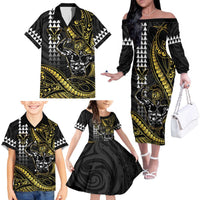 Hawaii Ikaika Warrior Helmet Family Matching Off The Shoulder Long Sleeve Dress and Hawaiian Shirt Gold Style LT05 - Polynesian Pride