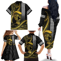 Hawaii Ikaika Warrior Helmet Family Matching Off The Shoulder Long Sleeve Dress and Hawaiian Shirt Gold Style LT05 - Polynesian Pride