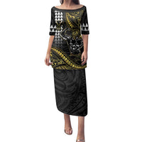 Hawaii Ikaika Warrior Helmet Family Matching Puletasi and Hawaiian Shirt Gold Style LT05 Mom's Dress Gold - Polynesian Pride