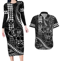 Hawaii Ikaika Warrior Helmet Couples Matching Long Sleeve Bodycon Dress and Hawaiian Shirt Black Tribal Tattoo LT05 Black - Polynesian Pride