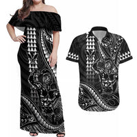 Hawaii Ikaika Warrior Helmet Couples Matching Off Shoulder Maxi Dress and Hawaiian Shirt Black Tribal Tattoo LT05 Black - Polynesian Pride