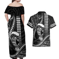 Hawaii Ikaika Warrior Helmet Couples Matching Off Shoulder Maxi Dress and Hawaiian Shirt Black Tribal Tattoo LT05 - Polynesian Pride