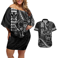 Hawaii Ikaika Warrior Helmet Couples Matching Off Shoulder Short Dress and Hawaiian Shirt Black Tribal Tattoo