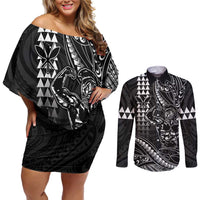 Hawaii Ikaika Warrior Helmet Couples Matching Off Shoulder Short Dress and Long Sleeve Button Shirt Black Tribal Tattoo
