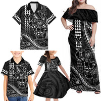 Hawaii Ikaika Warrior Helmet Family Matching Off Shoulder Maxi Dress and Hawaiian Shirt Black Tribal Tattoo LT05 - Polynesian Pride