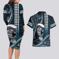 Hawaii Ikaika Warrior Helmet Couples Matching Long Sleeve Bodycon Dress and Hawaiian Shirt Blue Tribal Tattoo LT05 - Polynesian Pride