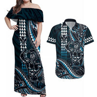 Hawaii Ikaika Warrior Helmet Couples Matching Off Shoulder Maxi Dress and Hawaiian Shirt Blue Tribal Tattoo LT05 Blue - Polynesian Pride
