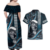 Hawaii Ikaika Warrior Helmet Couples Matching Off Shoulder Maxi Dress and Hawaiian Shirt Blue Tribal Tattoo LT05 - Polynesian Pride