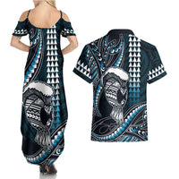 Hawaii Ikaika Warrior Helmet Couples Matching Summer Maxi Dress and Hawaiian Shirt Blue Tribal Tattoo