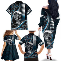 Hawaii Ikaika Warrior Helmet Family Matching Off The Shoulder Long Sleeve Dress and Hawaiian Shirt Blue Tribal Tattoo LT05 - Polynesian Pride