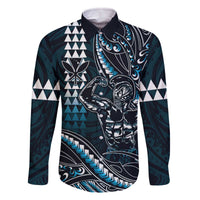 Hawaii Ikaika Warrior Helmet Family Matching Off The Shoulder Long Sleeve Dress and Hawaiian Shirt Blue Tribal Tattoo LT05 Dad's Shirt - Long Sleeve Blue - Polynesian Pride