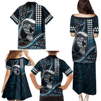 Hawaii Ikaika Warrior Helmet Family Matching Puletasi and Hawaiian Shirt Blue Tribal Tattoo LT05 - Polynesian Pride