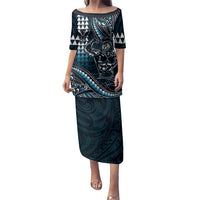 Hawaii Ikaika Warrior Helmet Family Matching Puletasi and Hawaiian Shirt Blue Tribal Tattoo LT05 Mom's Dress Blue - Polynesian Pride