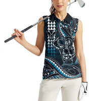 Hawaii Ikaika Warrior Helmet Women Sleeveless Polo Shirt Blue Tribal Tattoo LT05 - Polynesian Pride