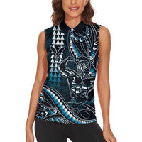 Hawaii Ikaika Warrior Helmet Women Sleeveless Polo Shirt Blue Tribal Tattoo LT05 - Polynesian Pride