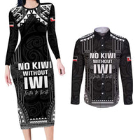 Aotearoa Toitu Te Tiriti Couples Matching Long Sleeve Bodycon Dress and Long Sleeve Button Shirt No Kiwi Without Iwi LT05 Black - Polynesian Pride