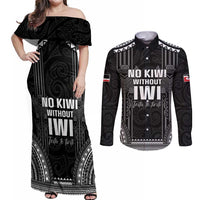 Aotearoa Toitu Te Tiriti Couples Matching Off Shoulder Maxi Dress and Long Sleeve Button Shirt No Kiwi Without Iwi LT05 Black - Polynesian Pride