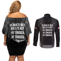 Aotearoa Toitu Te Tiriti Couples Matching Off Shoulder Short Dress and Long Sleeve Button Shirt No Kiwi Without Iwi LT05 - Polynesian Pride