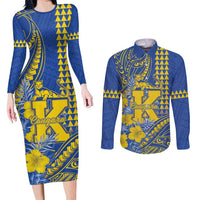 Personalised Hawaii Kaiser High School Couples Matching Long Sleeve Bodycon Dress and Long Sleeve Button Shirt Tribal Tattoo With Hibiscus Flowers LT05 Blue - Polynesian Pride