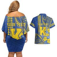 Personalised Hawaii Kaiser High School Couples Matching Off Shoulder Short Dress and Hawaiian Shirt Tribal Tattoo With Hibiscus Flowers LT05 - Polynesian Pride