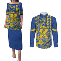 Personalised Hawaii Kaiser High School Couples Matching Puletasi and Long Sleeve Button Shirt Tribal Tattoo With Hibiscus Flowers LT05 Blue - Polynesian Pride
